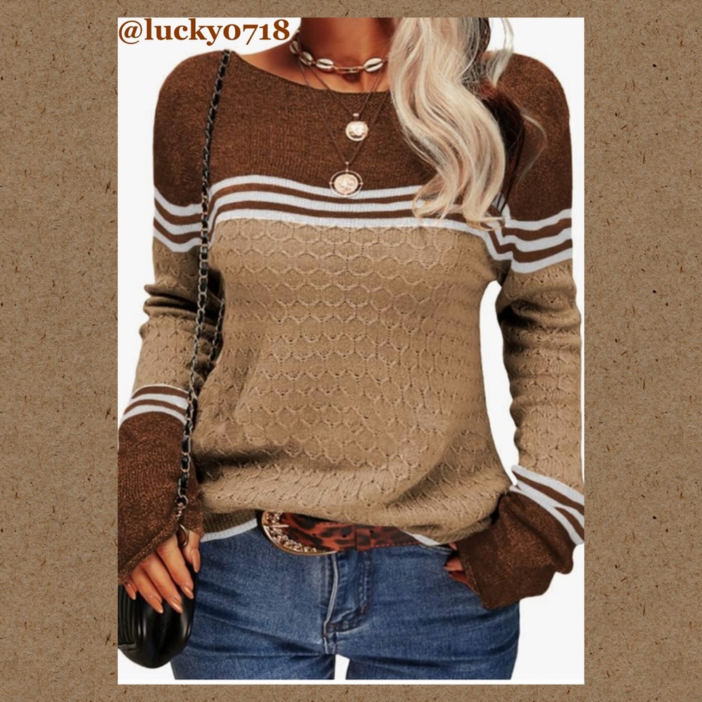 Danedvi NWOT Autumn Colorblock Striped Slim Fit Sweater Caramel Brown/Tan Sz S